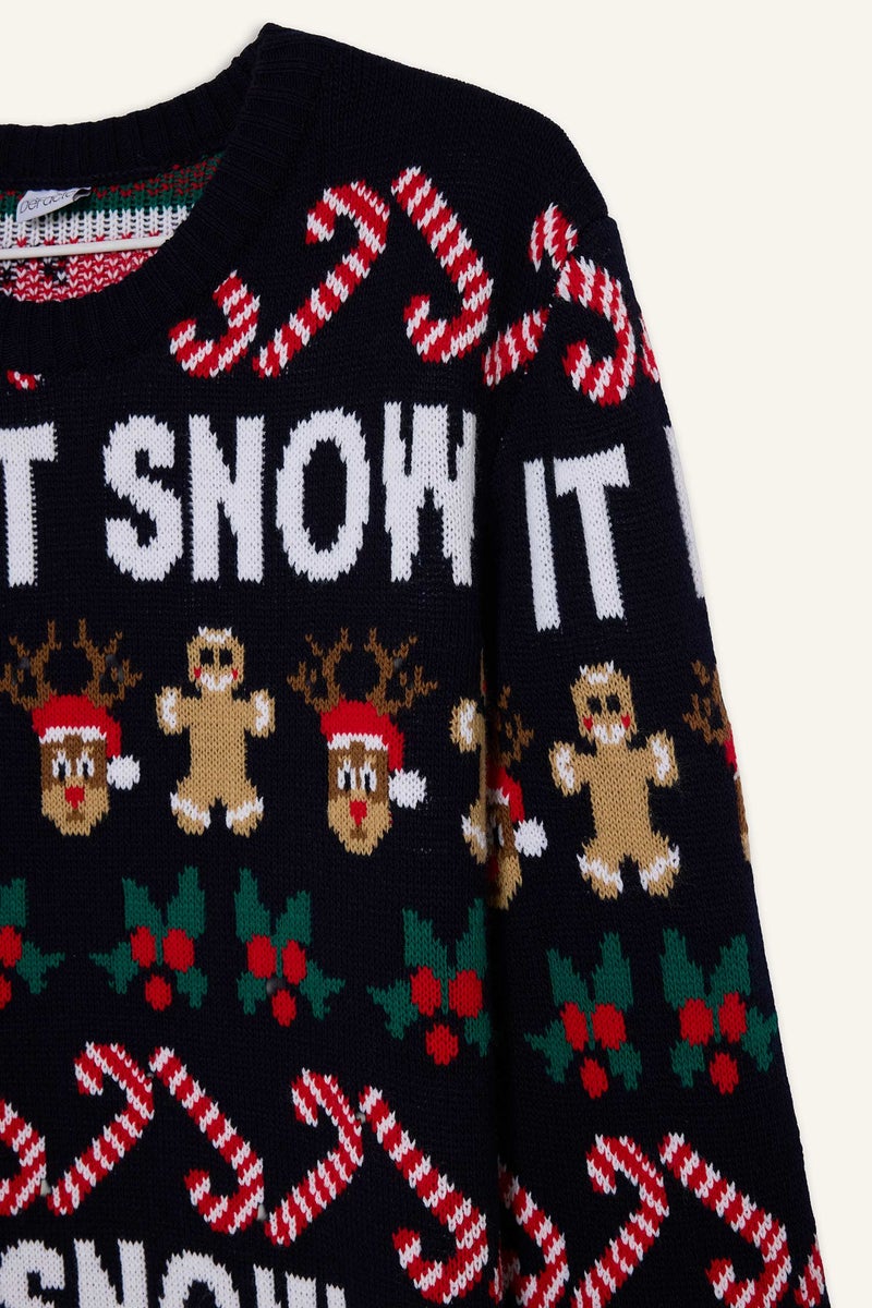 DeFacto Blue Man Christmas Themed Standard Fit Knit Pullover Casual - Image 5